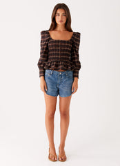 Joyce Long Sleeve Cotton Shirred Top - Chocolate Check