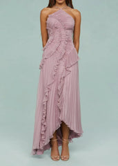 Livette - Halter Neck And Ruffles Maxi Dress