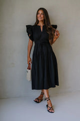 Luna Ruffle Poplin Midi Dress-Black