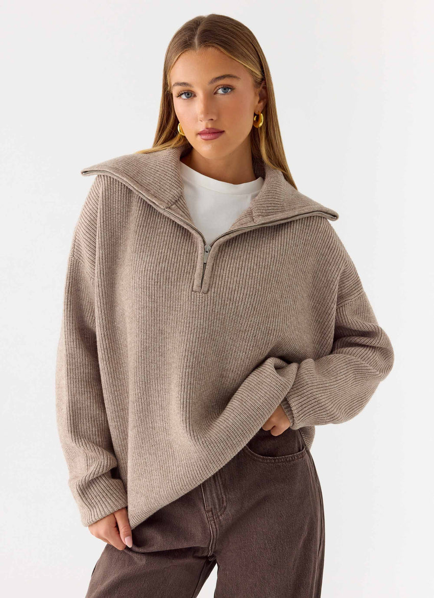 Eirena Quarter Zip Knit Sweater - Tan