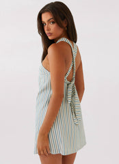 Keira Linen Micro Mini Dress - Blue Choc Stripe