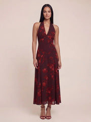 Halter V-Neck Drop Waist Georgette Midi Dress